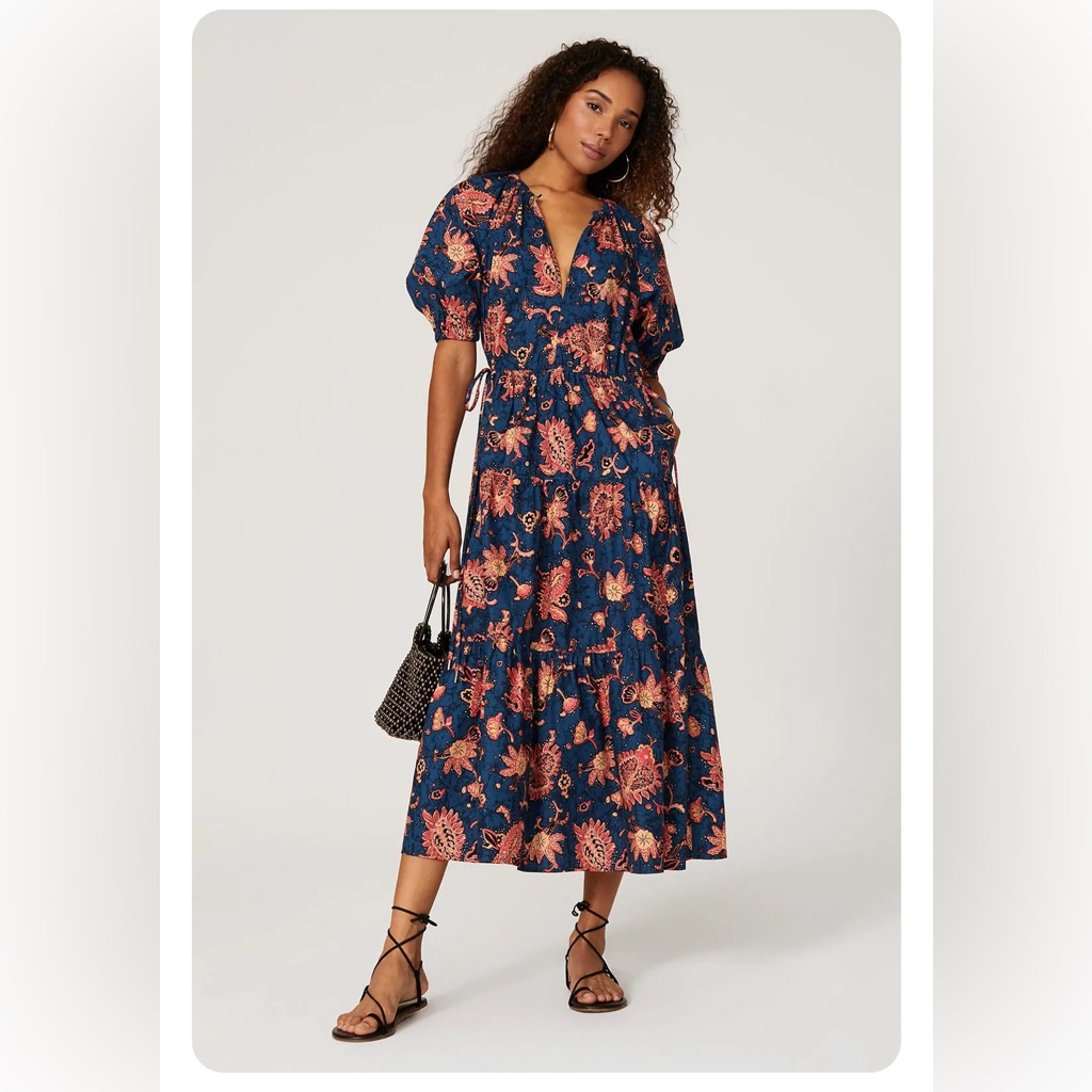 A.L.C. Mischa Dress. Blue Block Print Midi Dress With Drawstring Waist.